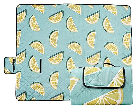 Yoonqun Picknickdecke Wasserdicht 300x200cm,Groß Outdoor Faltbare Picnic Blanket mit Tragegriff,Picnic Decke Waschbar für Camping,Picknick,Wandern,BBQ,Reisen Campingdecke,Blaue Zitrone