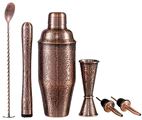 SKY FISH 3D Etching Cocktail Shaker Set Bartender Kit with Cocktail Shaker,Jigger, Muddler, Bar Spoon, Bar Accessory Tools, Reindeer Deer Head Pattern, Stainless Steel, Copper Plated