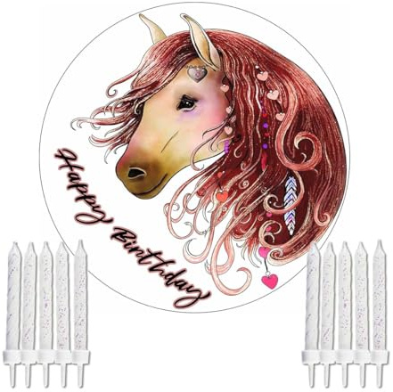 Essbarer Tortenaufleger Pferd Happy Birthday mit essbarem Glitzer und 10 Kuchenkerzen // Kuchendeko-Set für den Pferdegeburtstag // Kuchen Deko * Pferdegeburtstag *