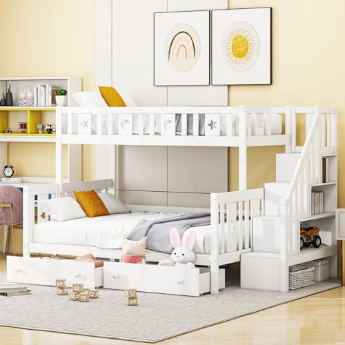 kubeier Hochbett 90x200/140x200 cm Etagenbett mit Zwei Schubladen, Multifunktionales Kinderbett, Jugendbett, Doppelbet, Stockbett, aus Vollholz massiv in weiß, für Jungen & Mädchen