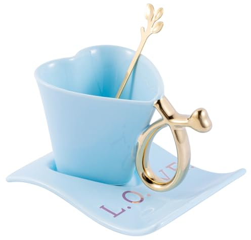 Winlauyet Tazzine da caffè in porcellana da 135 ml, a forma di cuore, con piattino e cucchiaio, in ceramica, colore: blu, KC0179-82