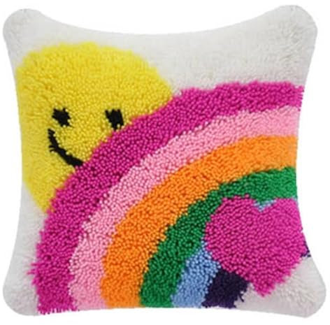Taxpy Knüpfteppich Zum Selber Knüpf-Sets mit Kissen knüpfen-Set 43x43cm Kissenbezug-Set für Erwachsene und Kinder Latch Hook Kit Heimaccessoire(Regenbogenmuster,K