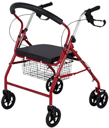 Rollator pliable,Déambulateur d'extérieur,Déambulateur Fauteuil Roulant,Chaise de transport Rollator réglable en hauteur,avec Panier et Siège,Aide aux personnes âgée red