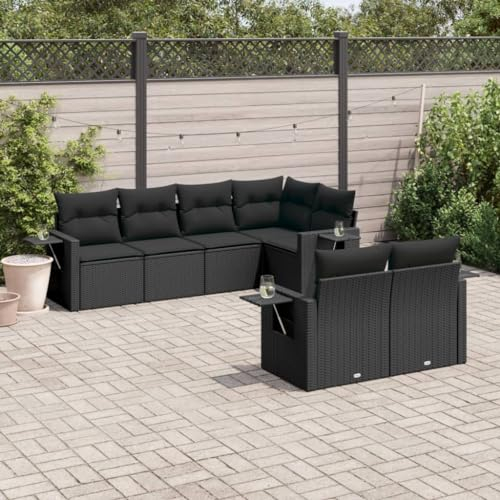 Rantry 7-TLG. Garten Sofagarnitur mit Kissen Gartensofa mit Stauraum Gartenlounge Loungesofa Gartenmöbel Rattansofa Ecksofa Balkonmöbel Loungemöbel Sitzgruppe Gartenset Schwarz Poly Rattan