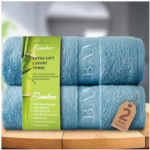 GC GAVENO CAVAILIA Bamboo Bath Towels Set | Pack of 2 Ultra Absorbent Big Bath Towels | 550 GSM Quick Drying Anti Bacterial Shower Towels | Blue 70x120 Cm