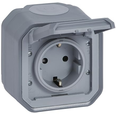 LEGRAND, Plexo New 069733L Prise Schuko standard pour pièces humides, avec couvercle à charnière, protection anti-contact, installation avec bornes à vis, 16 A, 250 V, IP44 - IK07, gris