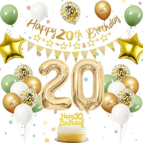 20. Geburtstag Deko Salbeigrüne, Luftballon Deko 20. Geburtstag Frauen Männer, Geburtstagsdeko 20 Jahr, Grün Weiß Gold Luftballons 20 Geburtstags mit Banner Tortendeko für Geburtstags Party Deko-Set
