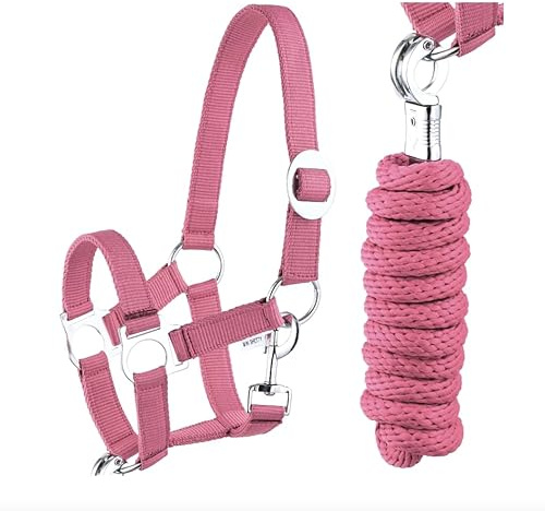 JA Horse JA4002 Essential Halfter Set Panikhaken, Pink, Shetty | Verstellbares Pferdehalfter mit Führstrick & Panikhaken, Essential Anbindestrick für Pferd & Holzpferd