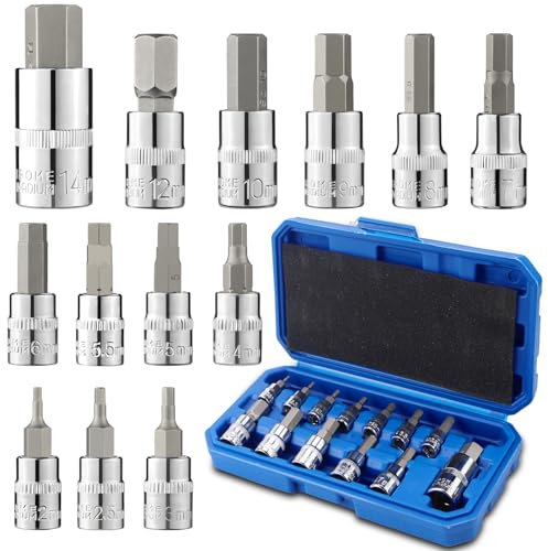 LPZMPZ Set di dadi esagonali, 13 pezzi, 1/2 3/8 1/4, set di chiavi a bussola esagonali, 2-14 mm, con scatola di conservazione, per avvitatore a percussione, chiavi dinamometriche