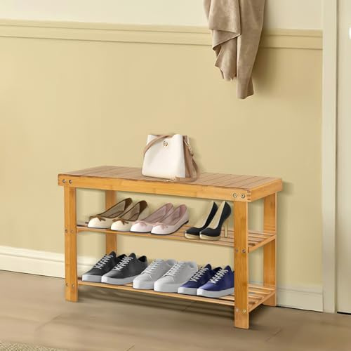 Supfine Schuhregal mit Sitzfläche Holz, Schuhbank mit 3 Ablagen, Schuhbank aus Bambus, 70 cm breit, Schuhschrank mit sitzbank für Flur, Wohnzimmer, Garderobe, Bad, Diele