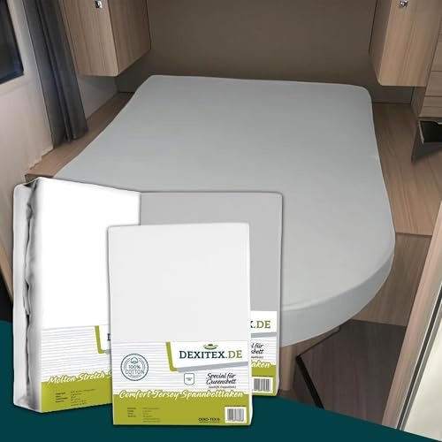 Dexitex - Bettlaken Wohnwagen Queensbett - 3er Set - 1 Molton, 2 Spannbettlaken -1 Grau + 1 Weiß - Bettlaken aus Baumwolle -Oeko-TEX - Multi-Stretch-Spannbettlaken für Wohnmobil und Wohnwagen
