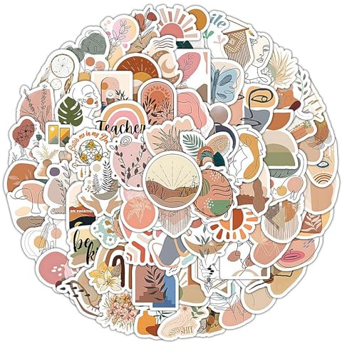 100 Pcs Boho Aesthetic Stickers – Waterproof PVC Vinyl (5-7cm) for Water Bottles, Laptops & Scrapbooks. Retro Rainbow, Floral, Sun & Line Art Designs – Cute Decals for Teens, Students & Adults