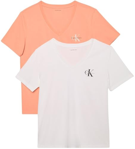 Calvin Klein Camisetas de Manga Corta Pack de 2 Mujer Logo tee con Cuello de Pico