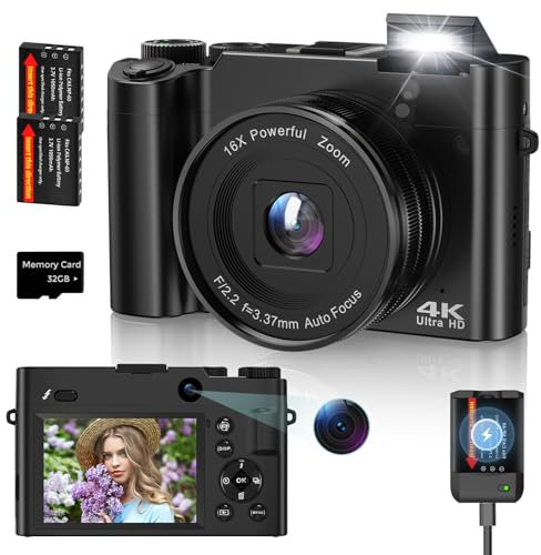 Cámara Digital YOODEE, 4K 64 MP, Zoom Digital 16x, Antivibración, 2 Baterías y Cargador, Cámara de Vlog con Tarjeta de Memoria de 32 GB, Compacta para Adolescentes y Principiantes
