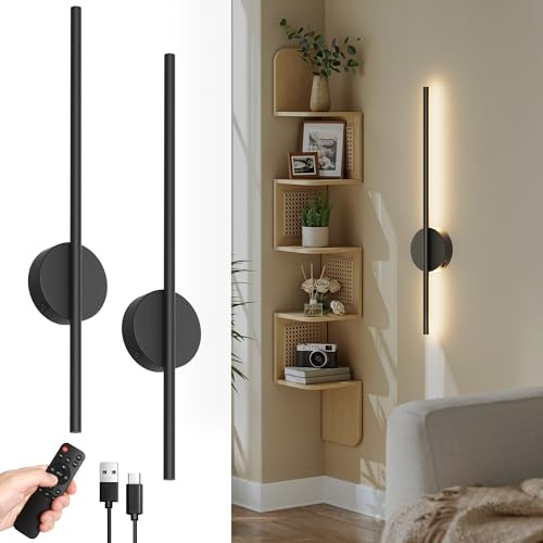 Aipsun 2 Stück akku Wandleuchte mit Fernbedienung innen, 60CM Schwarz | 10000mAh 5W 360° Drehbare Wohnzimmerlampe mit Dimm- und Timing-Funktionen, 3000K-6000K, für Schlafzimmer, Esszimmer,TV-Wand