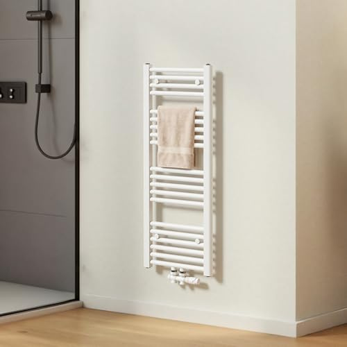 EMKE Radiador de Baño 100 x 40 cm, Blanco, 356 W | Toallero de Agua Caliente con Conexión Central, Calienta Toallas de Pared, Toallero Baño,Instalación Sencilla