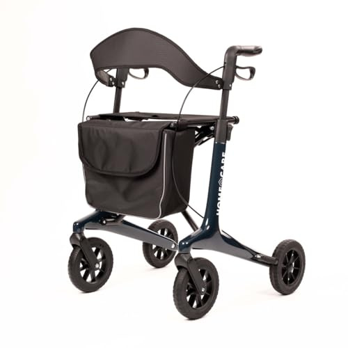 Homecare Innovation Premium Leichtgewicht-Carbon Rollator, 5,4 kg – Tragkraft 150 kg – Mit großen Soft-Rädern – Faltbar – Inklusive Luxustasche – Mit Feststellbremse und stabiler Rückenlehne (Blau)