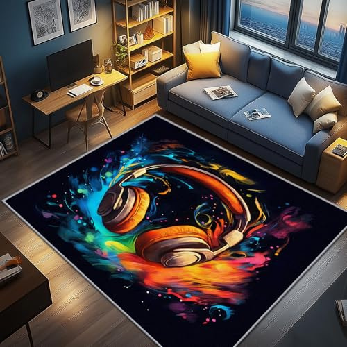 AevuCub Musik Deko, Kopfhörer Teppich 140x200 Kurzflor, Teppich Wohnzimmer Bunte, Weich rutschfest Waschbare Teppiche, Bettvorleger Schlafzimmer Kinderzimmer