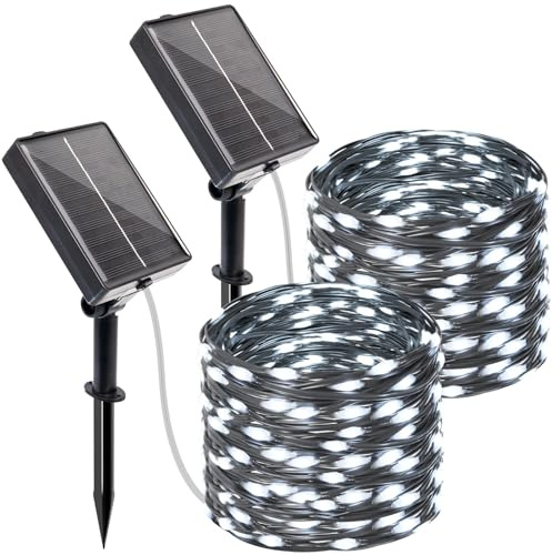 btfarm 2 Stück Solar Lichterkette Aussen mit Timer, 10M 100 LED Lichterkette Außen Solar Wetterfest 8 Modi IP65 Wasserdicht Solarlichterkette Outdoor für Garten Zaun Baum Hof Balkon Deko (Kaltes Weiß)