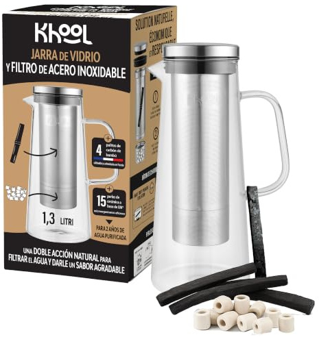 KHOOL | Caraffa d’acqua in vetro con filtro in acciaio inox | 15 perle di ceramica e 4 bastoncini di carbone di bambù | Purifica e migliora il gusto dell’acqua | +1 L