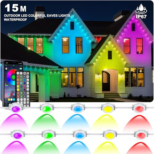 INZIDOL 15m Permanent Outdoor Lights, RGB Waterproof Eaves Lights, Party Daily RGB Roof Edge Lighting with App Control and Remote Control IP 68 Outdoor Fairy Lights for Christmas Lighting