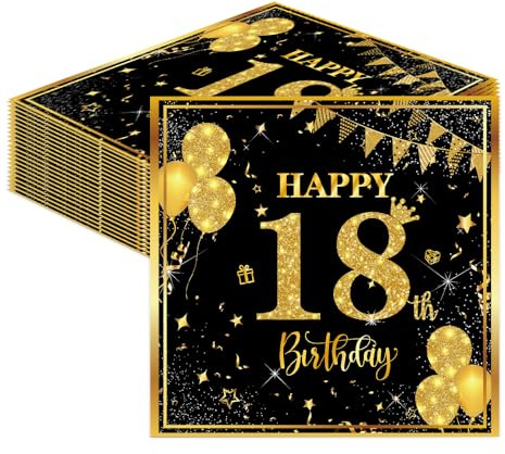 Glamifyr 40 Stück Servietten 18. Geburtstag Junge,33 x 33cm Schwarz Gold Papier Party Servietten Tischdeko für 18. Geburtstag Junge Mädchen Happy Birthday Servietten Decorations