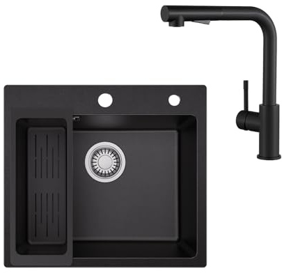 Sofetiy Spüle Schwarz 50x45 mit Wasserhahn Küche ausziehbar Set, Spülbecken | Eckige Küchenspüle, Einbauspüle mit Ablaufgarnitur, Granitspüle, Mischbatterie Schwarz Edelstahl, Spülbecken Küche