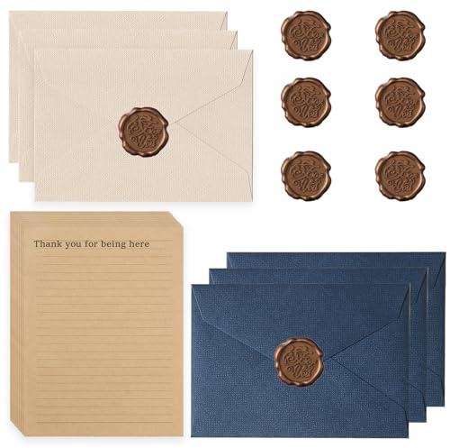 HaploS 22 Blau Briefpapier Vintage Papier Mit 6 Leinenumschlag Umschläge | Kraftpapier Umschläge Set Mit 6 Wachssiegel 20 A5 Briefpapier Vintage Papier Für Geburtstag, Hochzeits Einladung Grußkarten