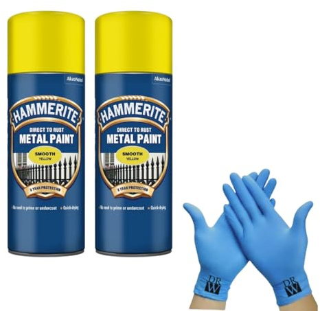 Hammerite Direct to Rust Metal Spray Paint Smooth Yellow 400ml Twin Pack + Free Nitrile Gloves | Fast-Drying Aerosol, Durable Rust Protection for Indoor & Outdoor Metal