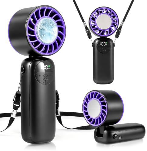Lomffy Ventilateur portable Turbo avec fonction de refroidissement de glace, 120 niveaux, batterie rechargeable, 5000 mAh, 3 en 1, main/cou/table, mini ventilateur USB pliable avec affichage et