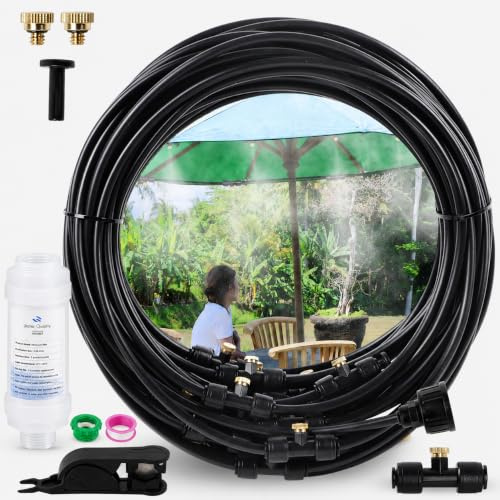 Tesmotor 8M Kit Nebulizador Terraza Jardín, DIY Enfriamiento Nebulizadores con 10 Boquillade latón y un Filtro, Sistema de Nebulización Automática para Jardín Terraza Invernadero