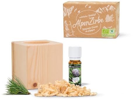 Zirbenwürfel Set mit 10ml Bio-Zirbenöl und 10g Zirbenspäne - luftgetrocknetes Zirbenholz