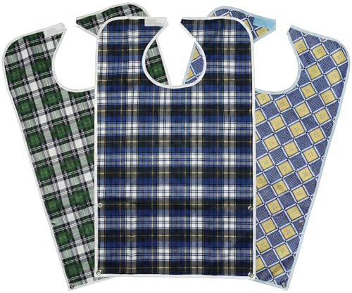 Celley 3 Pack Adult Bibs with Crumb Catcher - Waterproof and Reusable Clothing Protectors for Elderly Men and Women