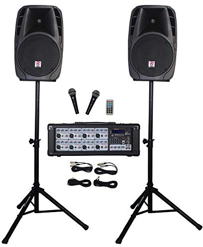 Rockville RPG2X12 12 PA Speaker Pair, Powered Mixer Amplifier, Speaker Stands, Wired Microphones, Bluetooth Audio System