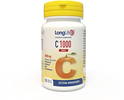 LongLife® C 1000 Forte | Vitamina C 1000mg | Con zinco, vitamina D ed echinacea | Difese immunitarie | 50 giorni di trattamento | Senza glutine e vegetariano