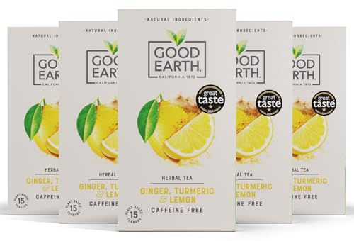 Good Earth Tea Co. Ginger, Turmeric & Lemon Herbal Tea, 5 x 15 Tea Bags | Fruit Tea, Bold Flavour, Natural Ingredients, Caffeine-Free, Vegan, Compostable Teabags, Recyclable Packaging, Multipack