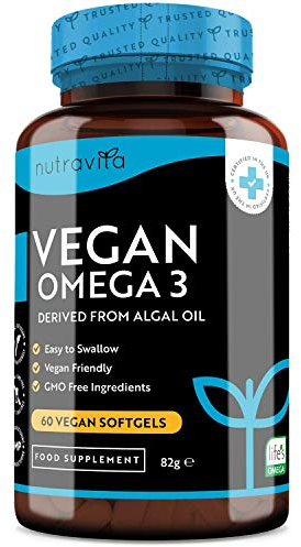 Vegane hochwirksame Omega 3 2000mg Kapseln - 600mg DHA & 300mg EPA pro Portion - pflanzliche Omega 3 Weichkapseln aus nachhaltigem Algenöl - 60 vegane Weichkapseln - Hergestellt von Nutravita
