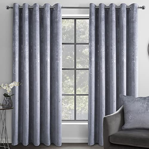 Sleepdown Marble Effect Velvet Blackout Thermal Insulated Eyelet Curtains for Bedroom and Living Room - 66x54 - Grey - 2 Panels