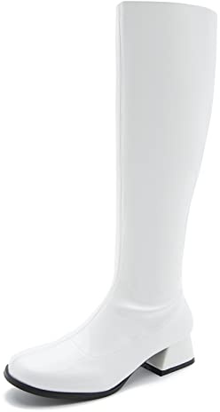 GOGO Boots for Women, Knee High Boots, Low Block Heel Zipper Boots Ladies Party Dance Shoes White 37 - US 6.5