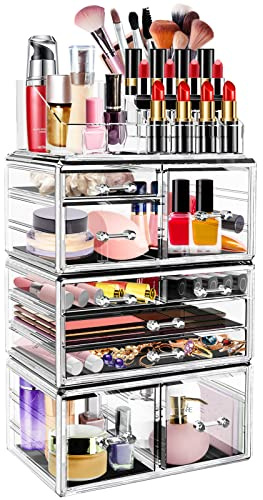 LINYAPRY Klar sminkorganisatör, akryl kosmetiska förvaringslådor och smycken displaybox med lådor, stapelbart kosmetiskt displayfodral för hudvård badrum byrå sminkbord bänkskiva, Klar, 9 Lådor