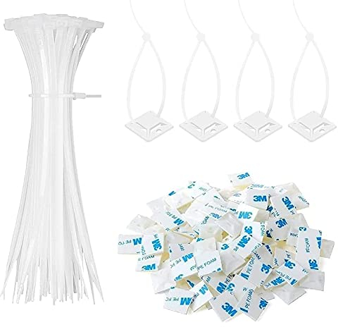 100 Pezzi Fascette Plastica per Cablaggio 150 mm x 2,5 mm Nere +100 Pezzi 20 mm Supporto Autoadesivo Nero, Cable Management, Autobloccanti Fascette Stringicavo per Ufficio e Casa, Bianco