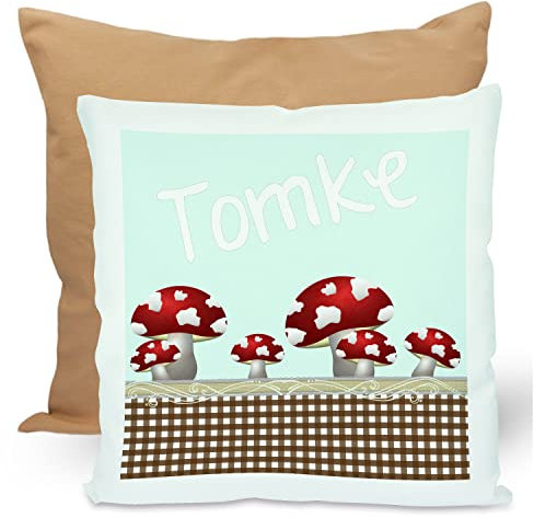CreaDesign, Kinder Kissen 40x40 cm personalisiert mit Namen, Kinderzimmer Deko Kissen Kinder mit Füllung Federn, Motiv Pilz hellblau, Rückenfarbe Beige