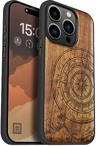 Carveit Holz Handyhülle für iPhone 15 Pro Handyhulle kompatibel mit MagSafe Massivholz für Apple 15 Pro Handyhülle Stoßfeste Stoßstange Weich TPU hulle（Nussbaum-Der Kompass vor Kanagawa Waves）.