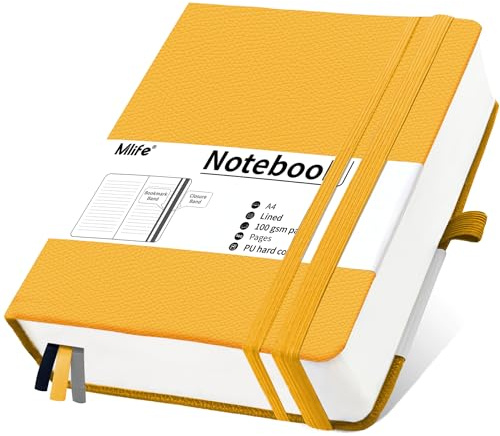 Mlife Notizbuch A4 Liniert,Dickes Notizbücher mit 360 Seiten und 100g/M² Tintenfestes Papier,Hardcover Collegeblock, Tagebuch mit 2 Rücktasche für im Büro oder in der Schule(Gelb)