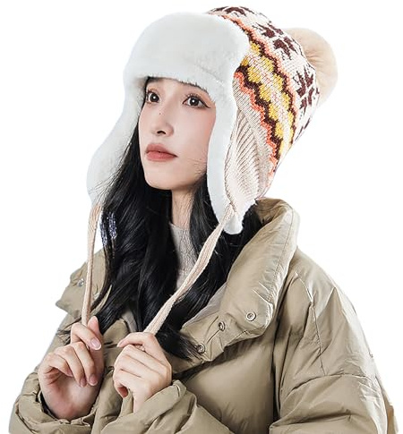 YJZQ Mütze Damen Strickmütze mit Kunstpelz Bommel Wintermütze Warm Winddichte Verdickte Skimütze Doppellagig Gefütterte Beanie Mütze Kunstpelz