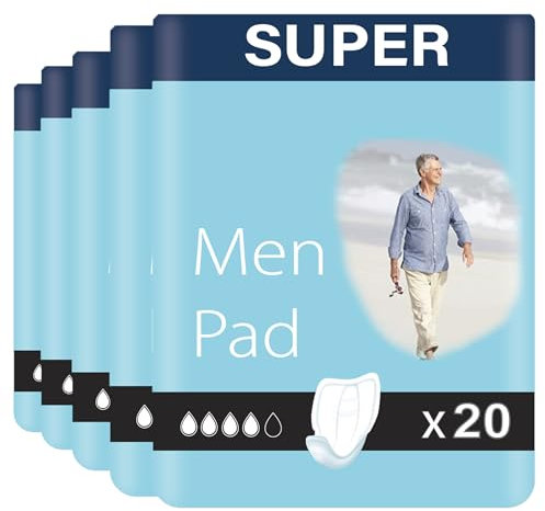 100 x Incontinence Pads With Adhesive Strip for Men - Maximum Dryness and Extra Protection - Anatomical Shaped Bladder Weakness Protection