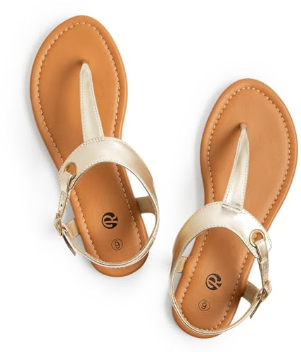 Rekayla Gold Women's Flat T-Strap Sandals with Adjustable Buckle, Summer Casual Thong Sandals PU Leather Open Toe Slip-On Shoes, Size 8
