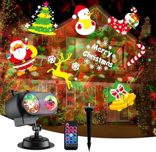 Trrisaun Christmas Projector Light 2 in 1 Moving Pattern Projector Lamp with Remote Control Timer Landscape Lights Indoor Outdoor LED Projector Lights for Christmas Halloween Birthday Party Garden