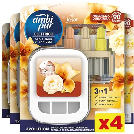Ambi Pur 3Volution Profumatore Elettrico, Diffusore + 4 Ricariche Lenor Oro | Deodorante per Casa, Durata Fino a 90 Giorni per Ricarica, Tecnologia per Catturare ed Eliminare Gli Odori, Dona Freschezza