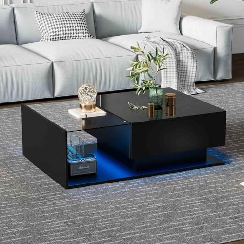 PUGSDRLY Mesa baja, Mesa de centro moderna con 1 cajón e iluminación LED, mesa de salón con bandeja de cristal, 100 x 50 x 32 cm (estilo 1, negro)